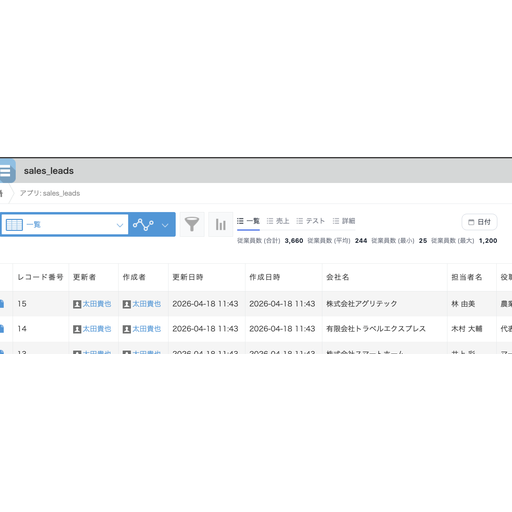 一覧上部にビュー切替タブ、集計、日付フィルターボタンを表示します