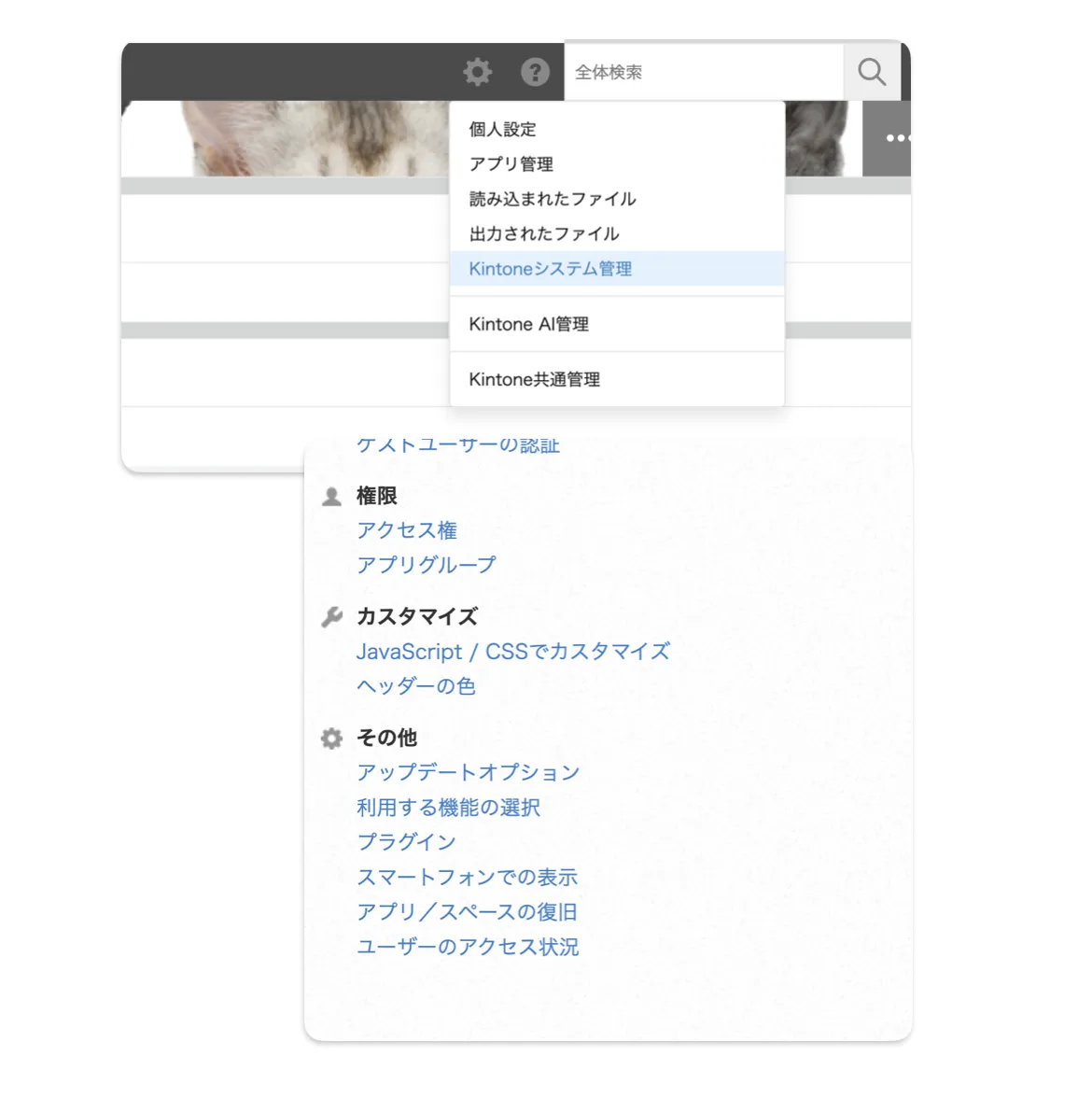 kintone システム管理メニュー