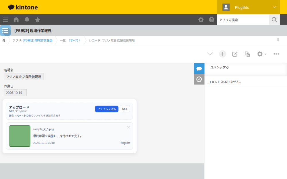 レコード詳細画面。アップロード欄とギャラリーが表示されている