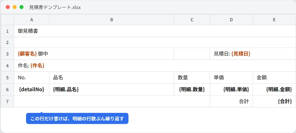 Excelテンプレートの画面。{顧客名}や{明細.品名}などの差し込みタグが書かれている