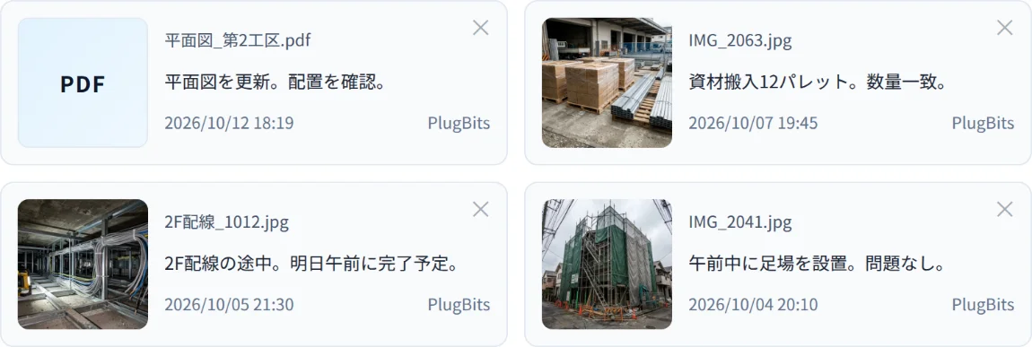 現場の進捗報告の場面。足場や配線の写真がギャラリーのカードで並んでいる画面
