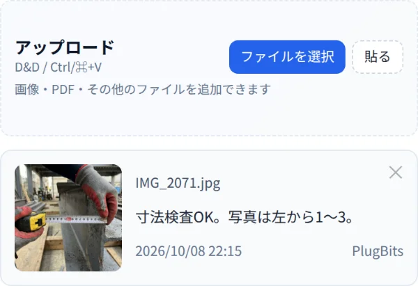 入れ方の画面。ファイル選択・ドラッグ&ドロップ・貼り付けの3つの入力方法が示されている