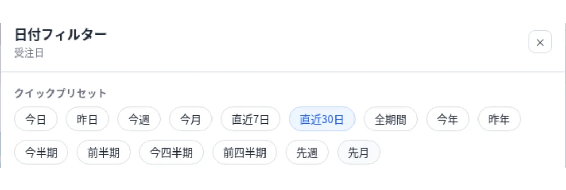 日付フィルターの画面。今日・昨日・今週・今月などの期間プリセットが並んでいる