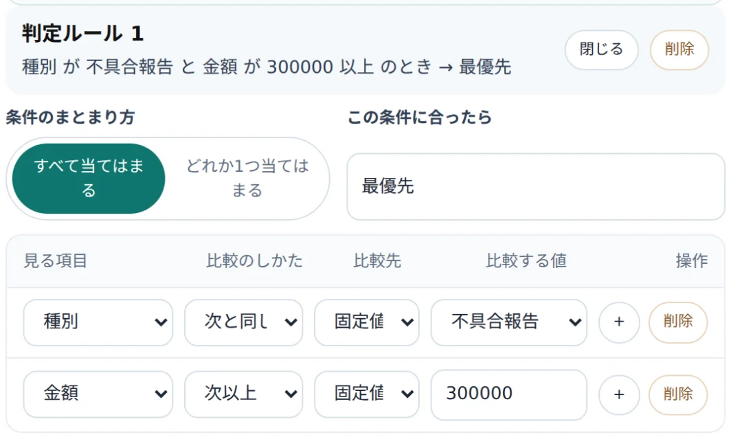 見積の承認ルートの場面。判定ルールの条件と出す値を画面で組み立てている画面
